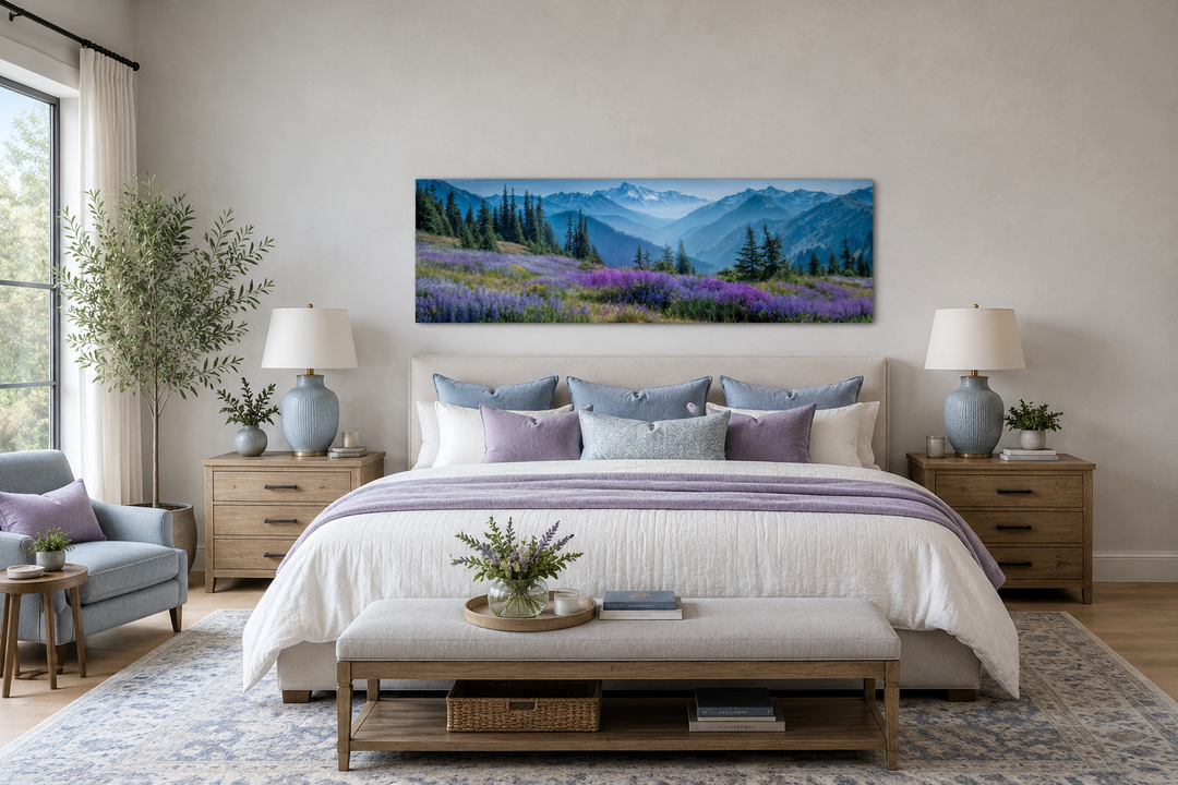 Panoramic Olympic National Park canvas wall art featuring purple wildflowers and misty mountains.