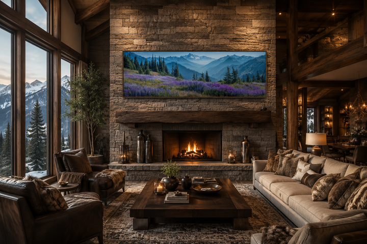Panoramic Olympic National Park canvas art with purple wildflowers and mountains over a fireplace.
