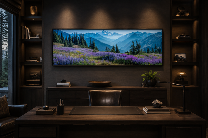 Olympic National Park panoramic canvas wall art with purple wildflowers and misty blue mountains.