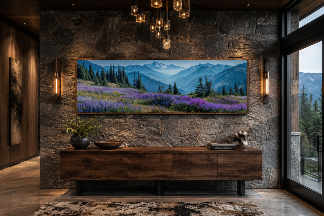 Olympic National Park long horizontal canvas wall art featuring purple wildflowers and mountains.