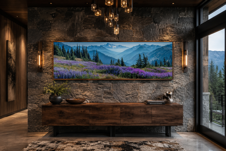 Olympic National Park long horizontal canvas wall art featuring purple wildflowers and mountains.