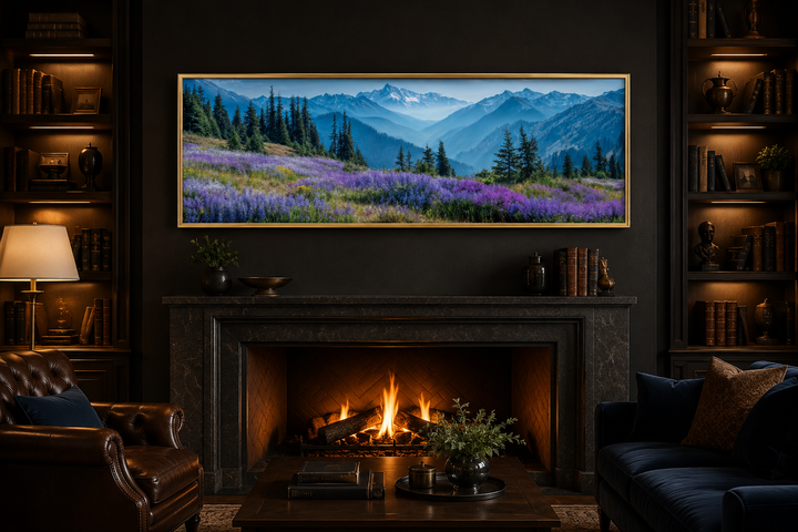 Panoramic canvas wall art of Olympic National Park wildflowers and mountains above a fireplace.