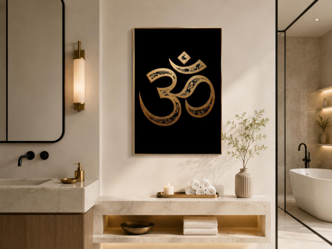 Gold and black Om symbol canvas wall art displayed in a modern, minimalist bathroom setting.