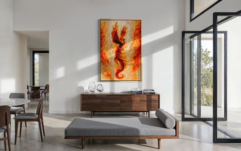 Orange Gold Phoenix Canvas Wall Art featuring a vertical flame-like bird in a modern living room.