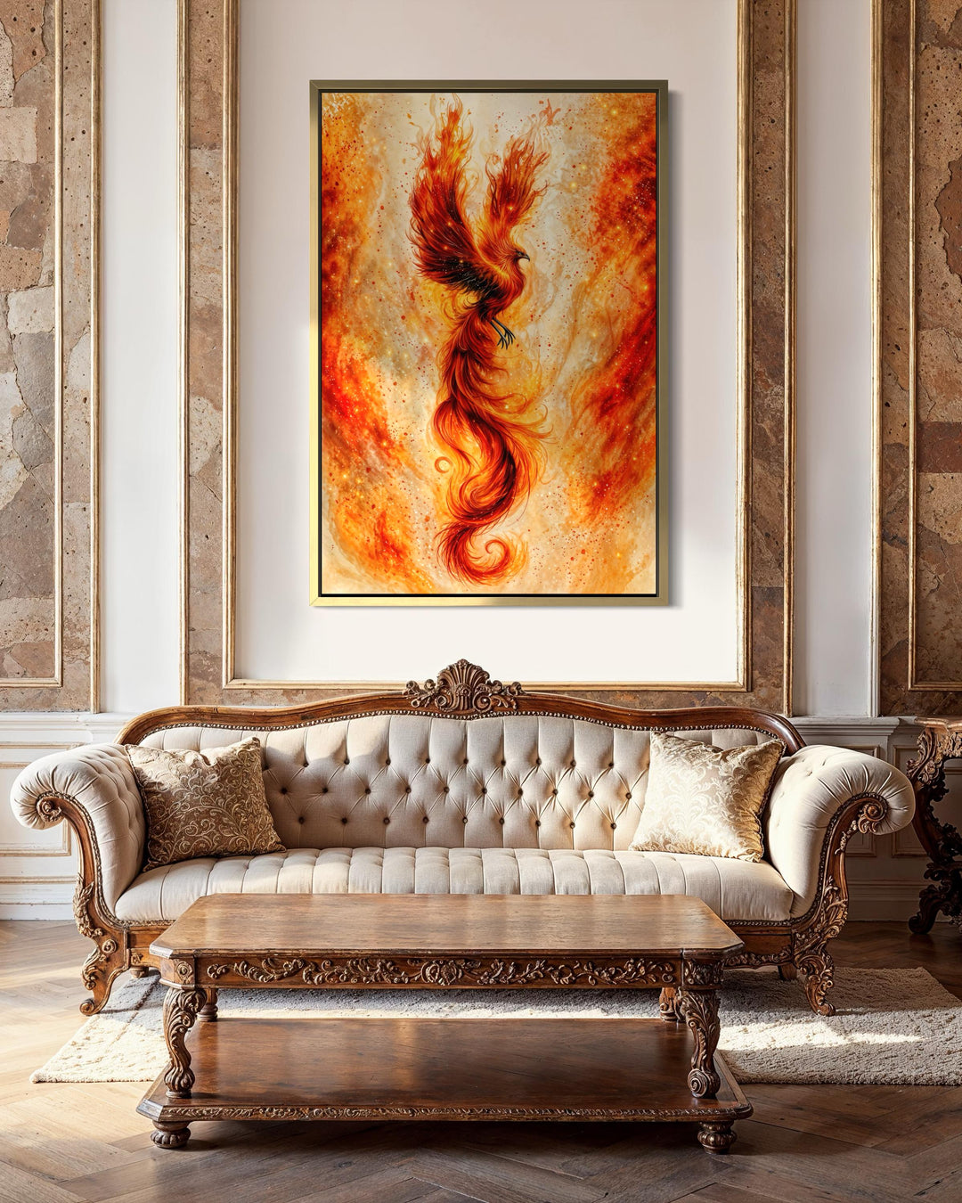 Vertical orange and gold phoenix canvas wall art hanging above a classic tufted sofa.