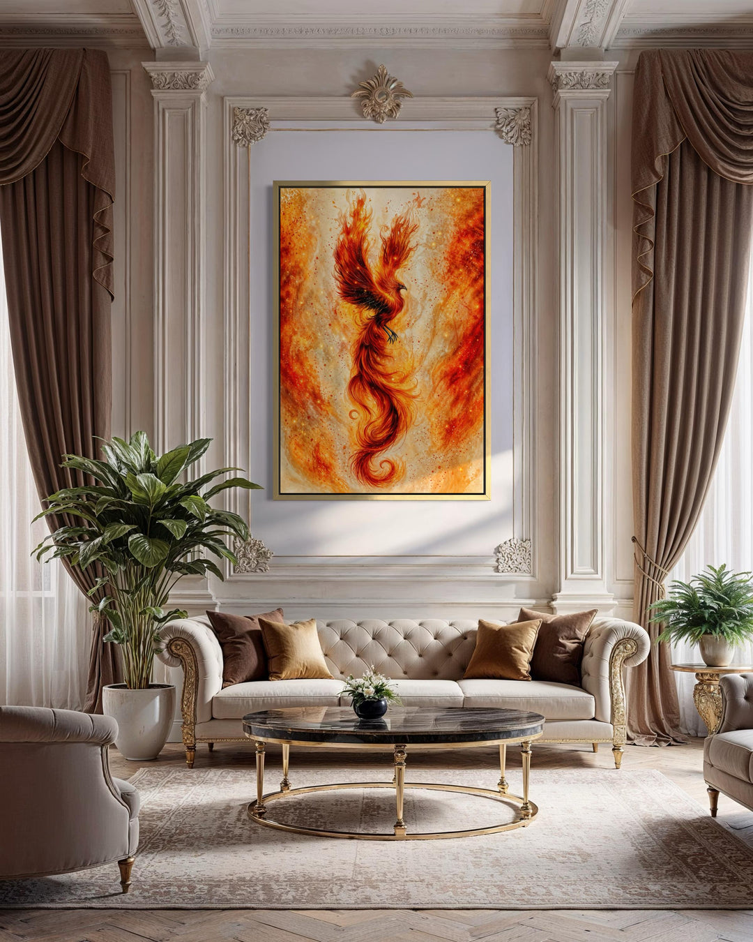 Vertical orange and gold phoenix canvas wall art in a gold frame above a white tufted sofa.