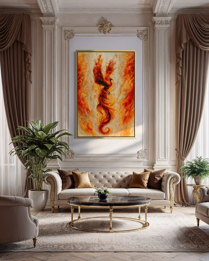 Vertical orange and gold phoenix canvas wall art in a gold frame above a white tufted sofa.
