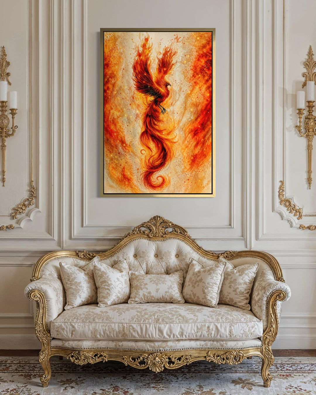 Vertical canvas wall art of a fiery orange and gold phoenix above a classic cream tufted sofa.