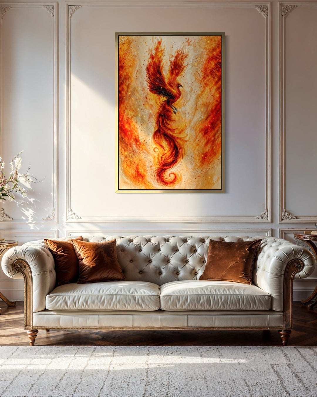 Orange gold phoenix canvas wall art in a vertical gold frame above a white tufted leather sofa.