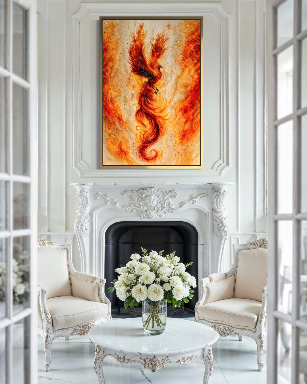 Orange gold phoenix canvas wall art in a vertical frame above a white ornate fireplace.