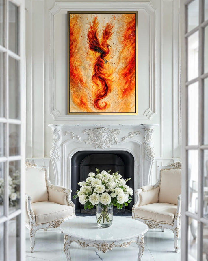 Orange gold phoenix canvas wall art in a vertical frame above a white ornate fireplace.