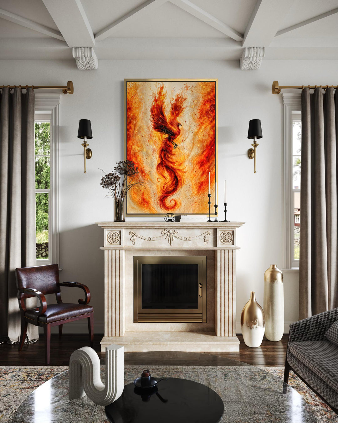 Vertical canvas wall art of a fiery orange and gold phoenix above a classic marble fireplace.