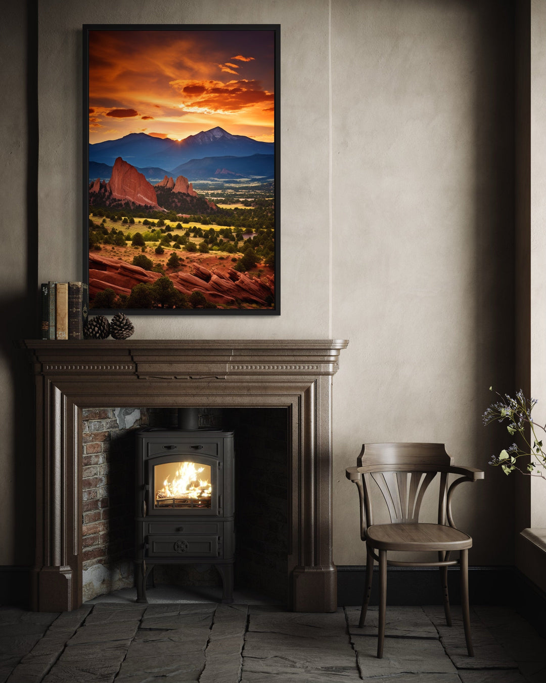 Orange Mountain Landscape At Sunset Framed Canvas Wall Art