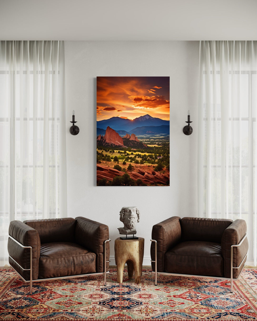 Orange Mountain Landscape At Sunset Framed Canvas Wall Art