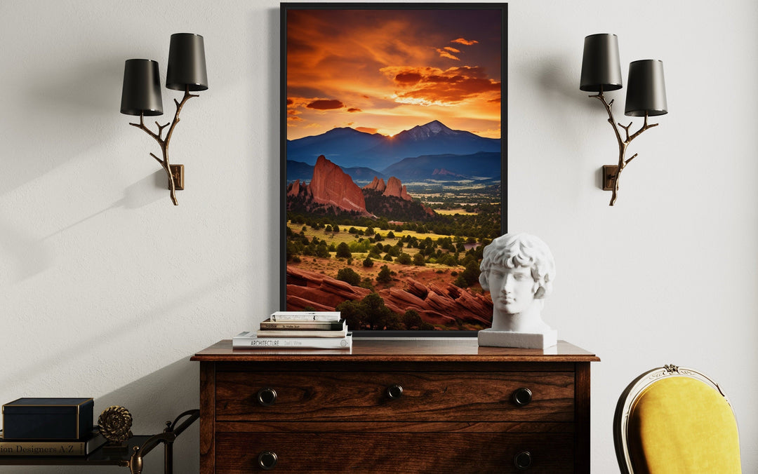 Orange Mountain Landscape At Sunset Framed Canvas Wall Art