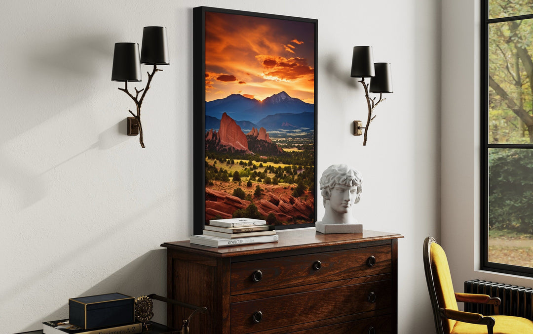 Orange Mountain Landscape At Sunset Framed Canvas Wall Art