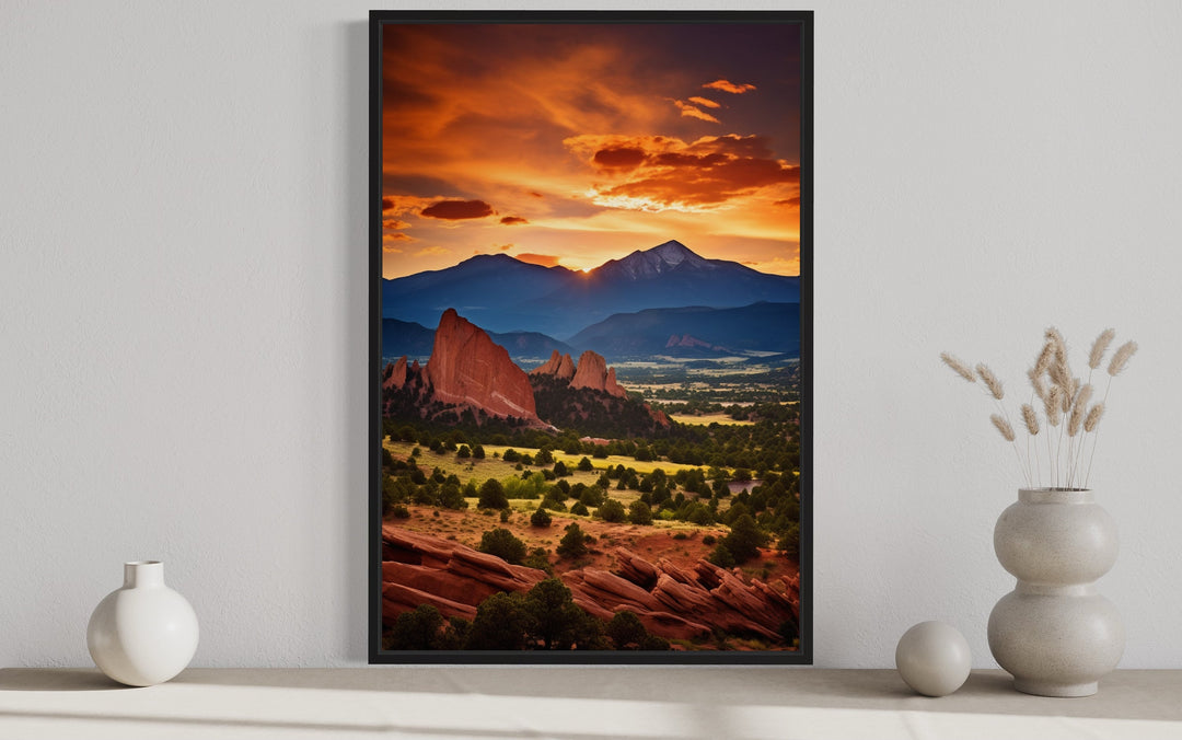 Orange Mountain Landscape At Sunset Framed Canvas Wall Art