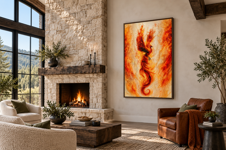 Orange Gold Phoenix Framed Canvas Wall Art hanging above a stone fireplace in a modern living room.