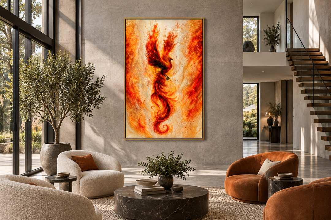Orange Gold Phoenix Framed Canvas Wall Art depicting a vertical flame-like bird in a modern room.