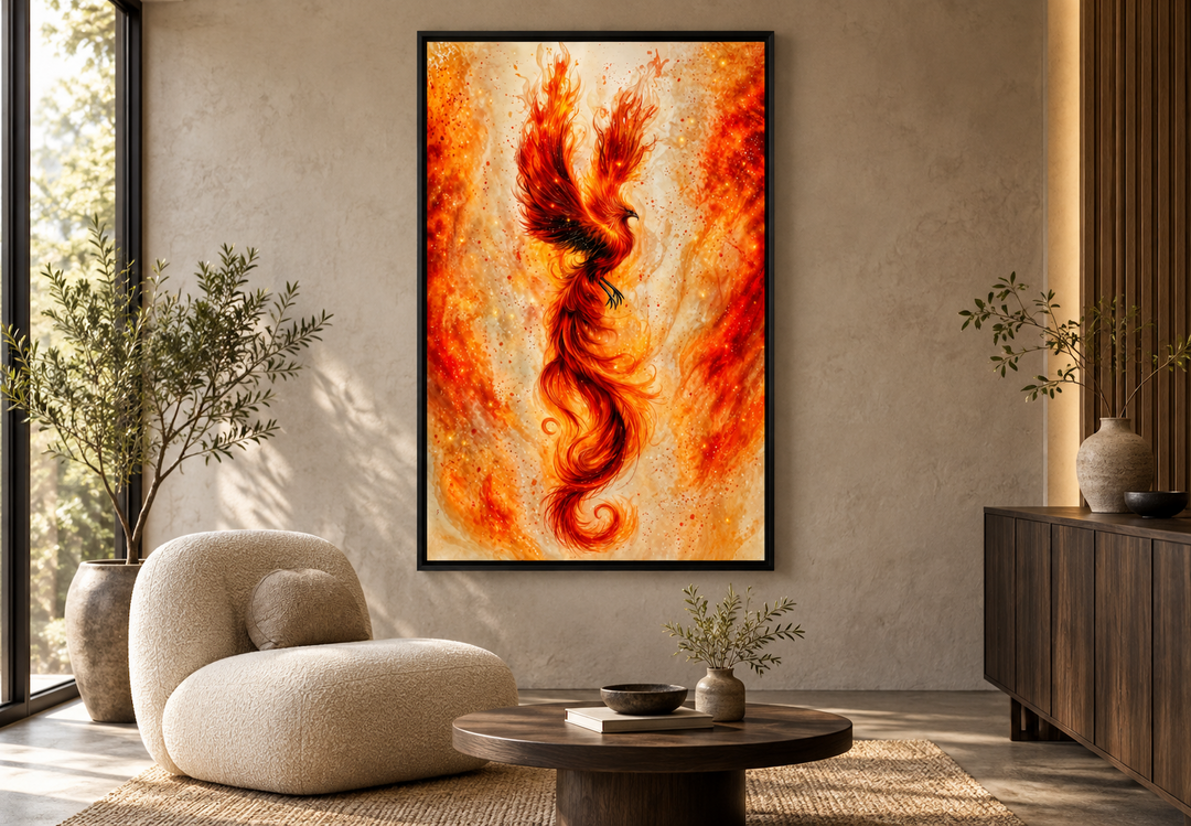 Orange Gold Phoenix Framed Canvas Wall Art in a modern living room with neutral decor.