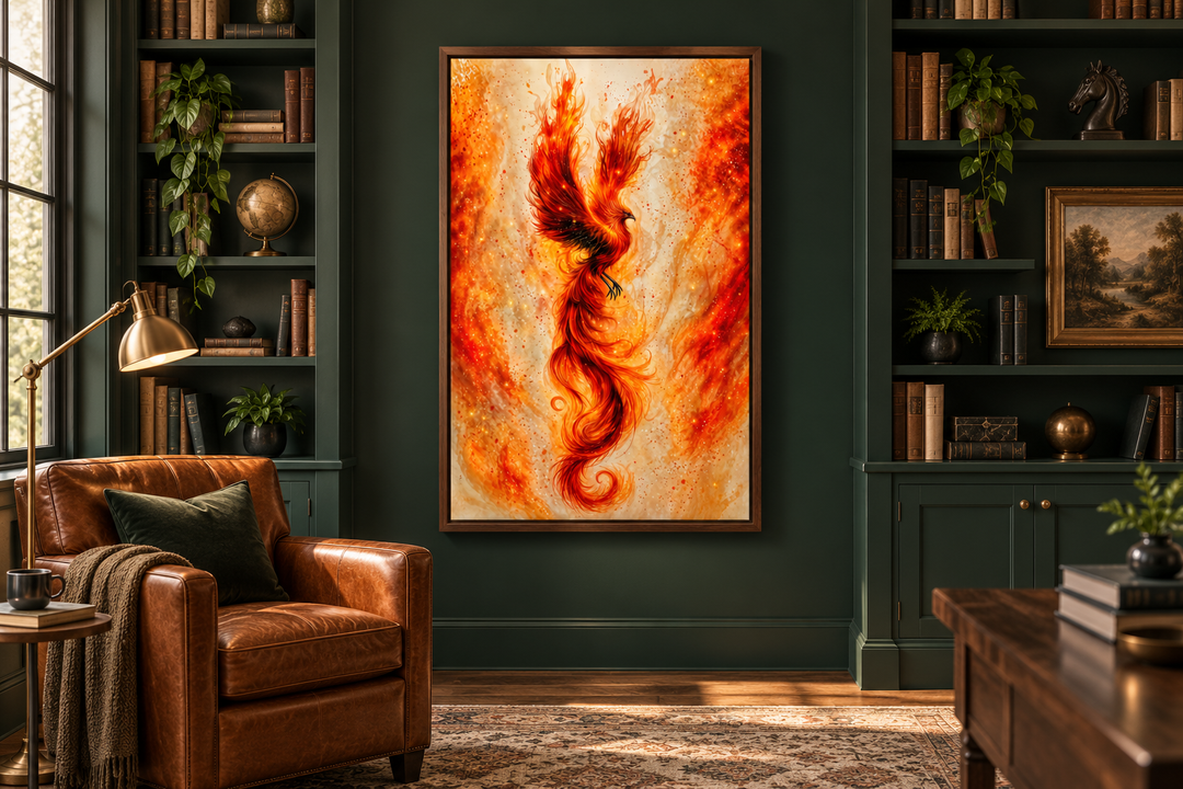 Orange Gold Phoenix Framed Canvas Wall Art hanging in a dark green library with a leather armchair.