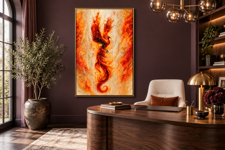 Orange Gold Phoenix Framed Canvas Wall Art in a dark-walled office with a wooden desk and lamp.