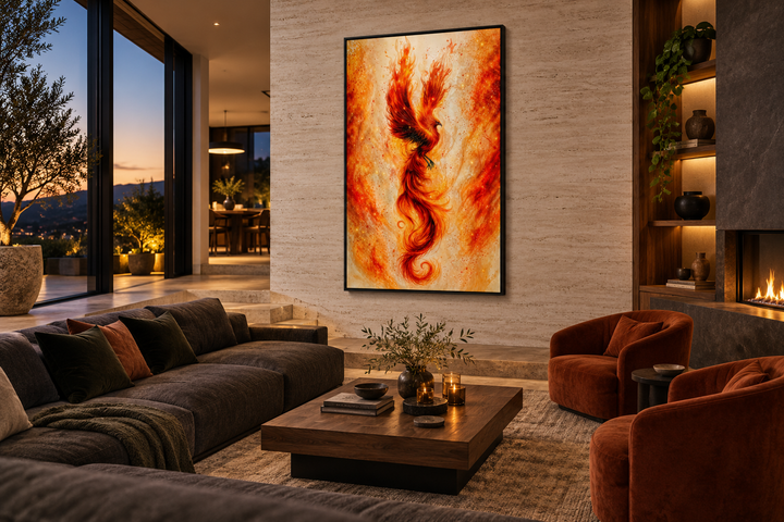 Orange gold phoenix framed canvas wall art in a modern living room with a fireplace.