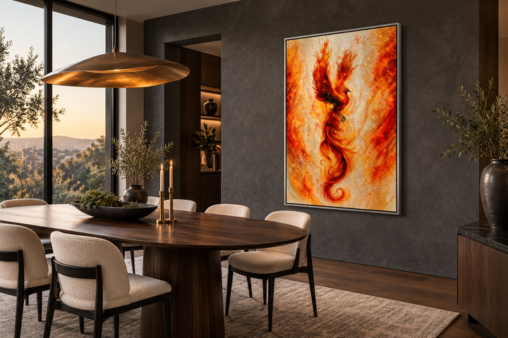 Orange Gold Phoenix Framed Canvas Wall Art hanging in a modern dining room with a wooden table.