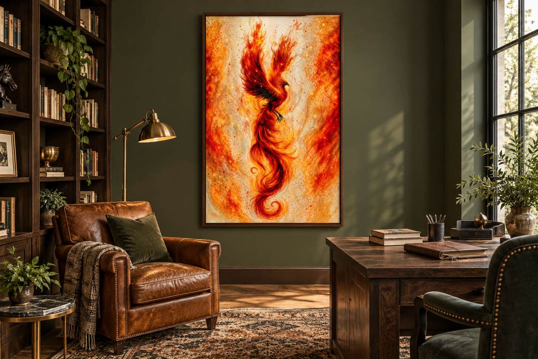 Orange Gold Phoenix Framed Canvas Wall Art hanging in a dark green study with a leather armchair.