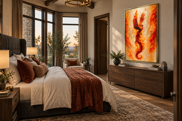 Orange Gold Phoenix Framed Canvas Wall Art hanging above a dresser in a modern bedroom.