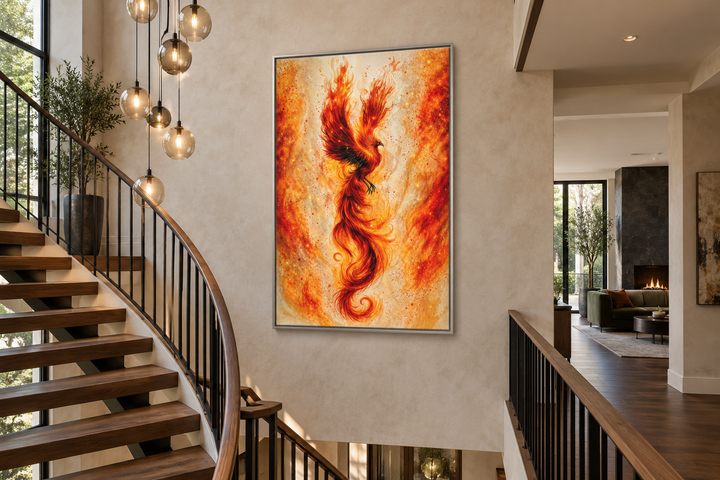 Orange Gold Phoenix Framed Canvas Wall Art hanging on a neutral wall next to a spiral staircase.