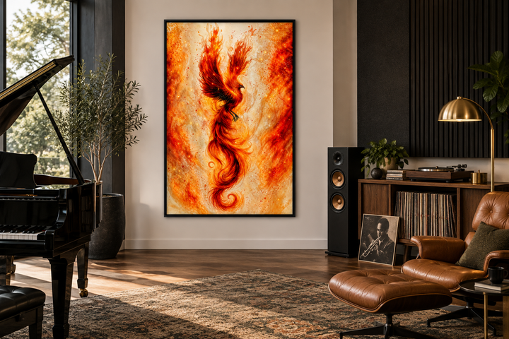 Orange Gold Phoenix Framed Canvas Wall Art depicting a fiery bird rising in a vertical composition.
