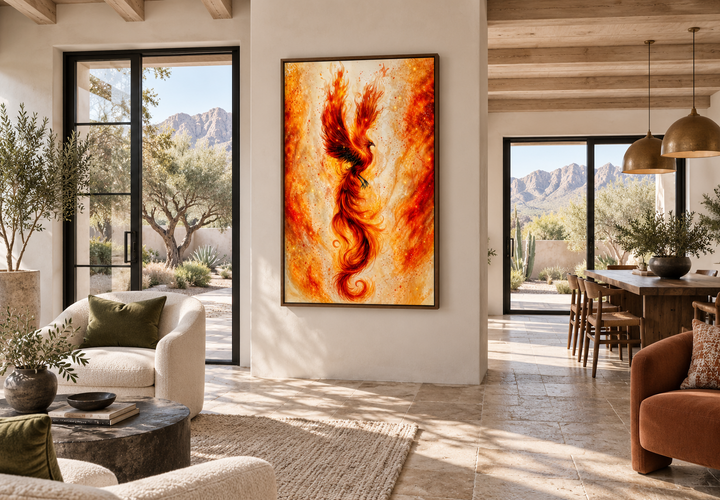 Orange Gold Phoenix Framed Canvas Wall Art hanging in a bright, modern living room.