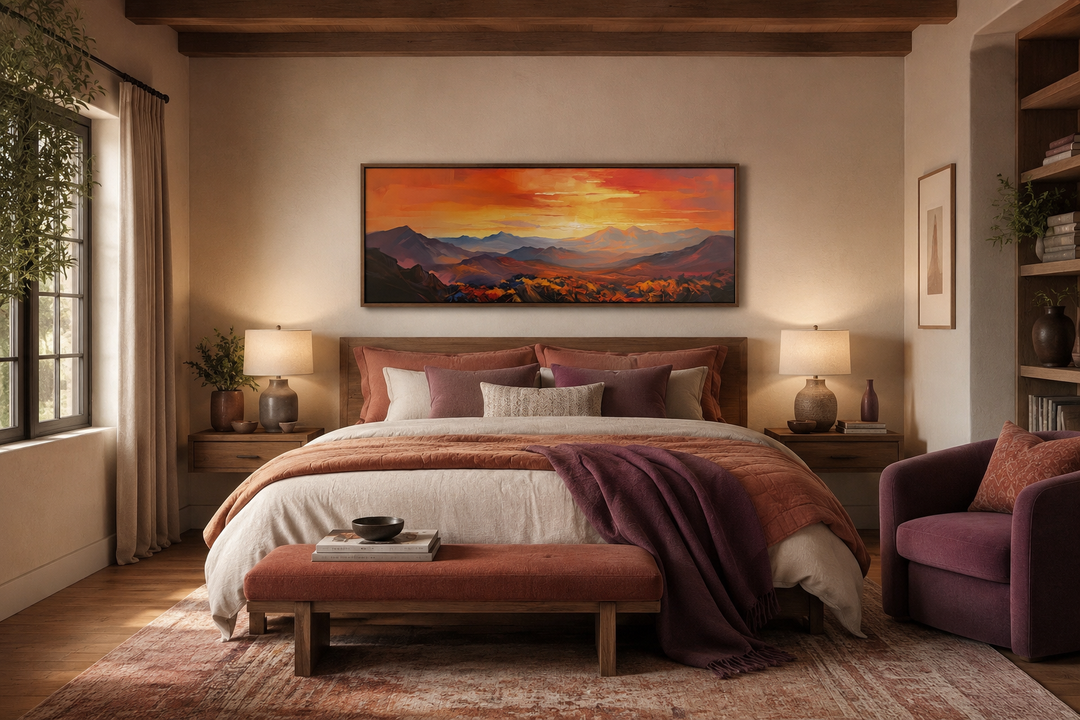 Horizontal framed canvas wall art of an orange mountain sunset hanging above a bed.