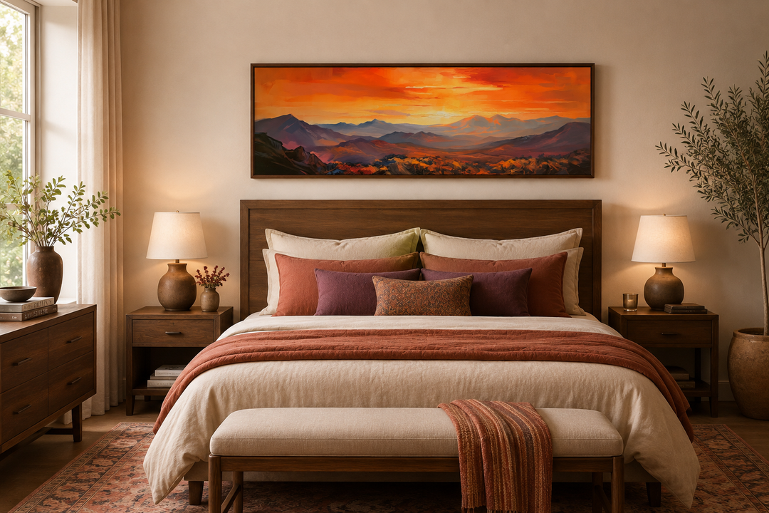 Horizontal framed canvas wall art of an orange mountain sunset hanging above a wooden bed frame.