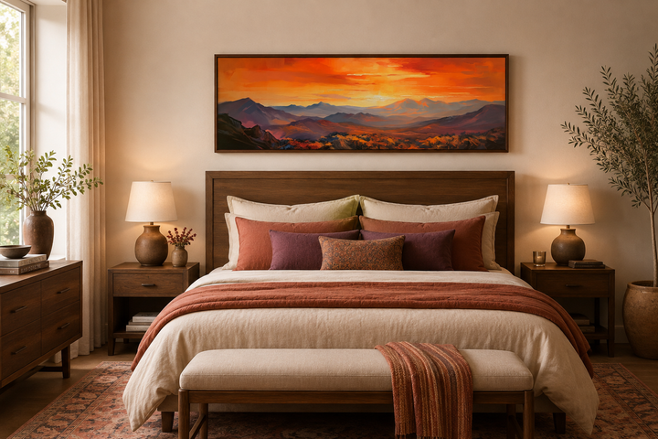 Horizontal framed canvas wall art of an orange mountain sunset hanging above a wooden bed frame.