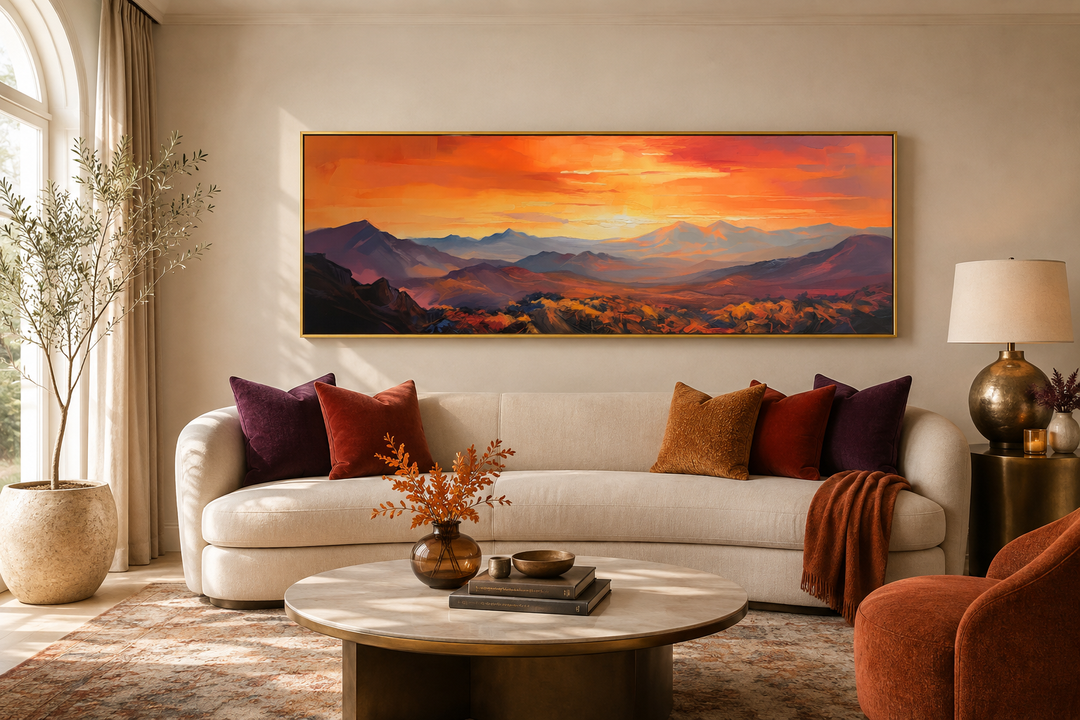 Orange mountain sunset horizontal framed canvas wall art hanging above a cream sofa.
