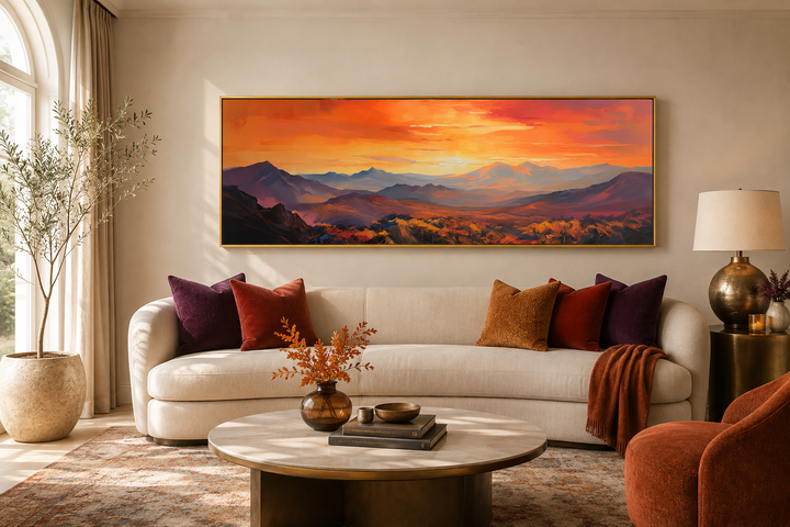 Orange mountain sunset horizontal framed canvas wall art hanging above a cream sofa.
