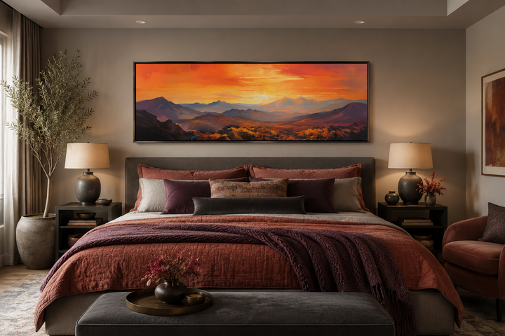 Orange mountain sunset horizontal framed canvas wall art hanging above a bed in a bedroom.