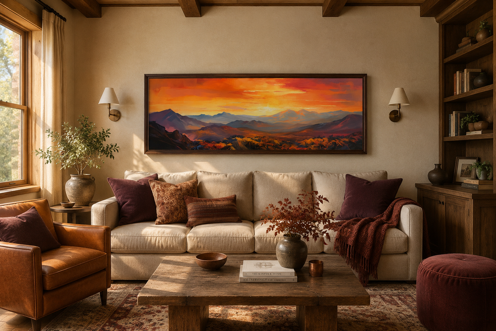 Orange mountain sunset horizontal framed canvas wall art hanging above a beige couch in a room.