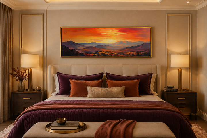 Orange mountain sunset horizontal framed canvas wall art hanging above a bed in a bedroom.