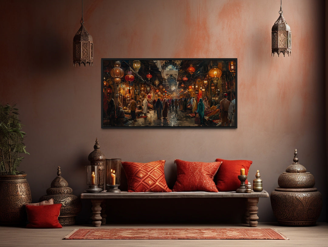Framed canvas wall art of a bustling oriental bazaar market scene in a rustic living room.