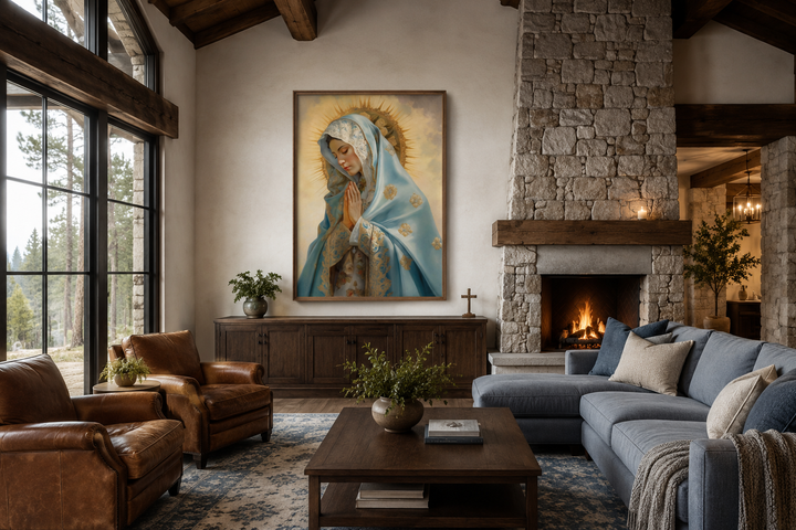 Our Lady of Guadalupe framed canvas wall art hanging above a wooden sideboard in a rustic living room