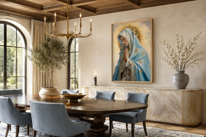 Our Lady of Guadalupe framed canvas wall art hanging in a dining room above a marble sideboard.