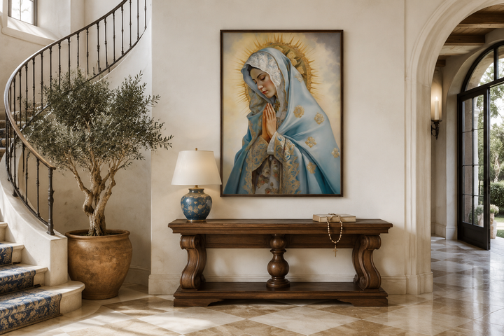 Our Lady of Guadalupe framed canvas wall art above a wooden console table in a home entryway.