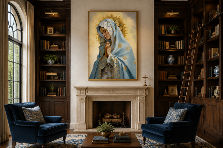 Our Lady of Guadalupe framed canvas wall art hanging above a fireplace in a classic library.