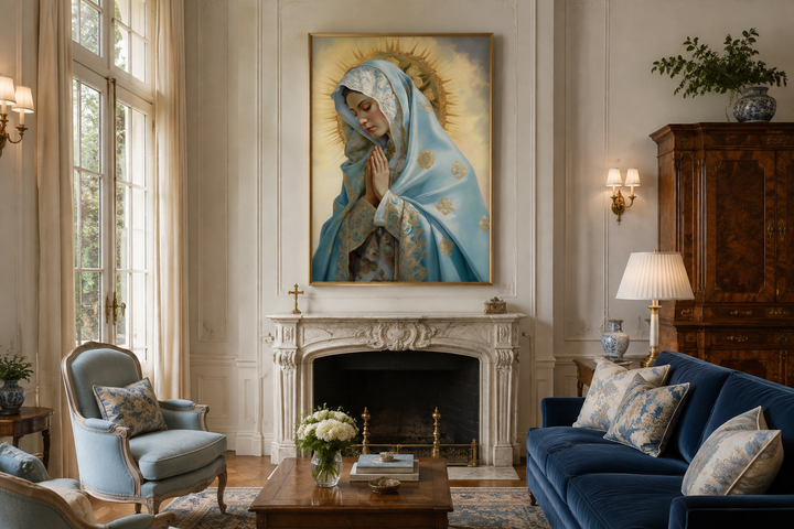 Our Lady of Guadalupe framed canvas wall art hanging above a fireplace in a classic living room.