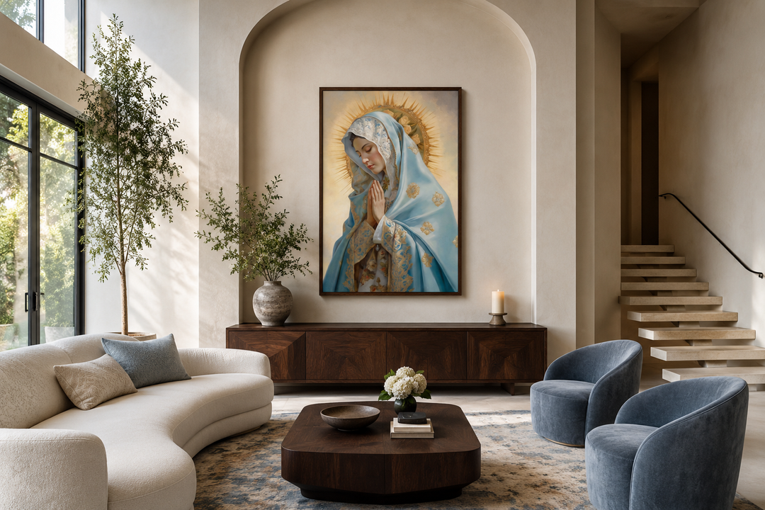 Our Lady of Guadalupe framed canvas wall art hanging in a modern, serene living room.