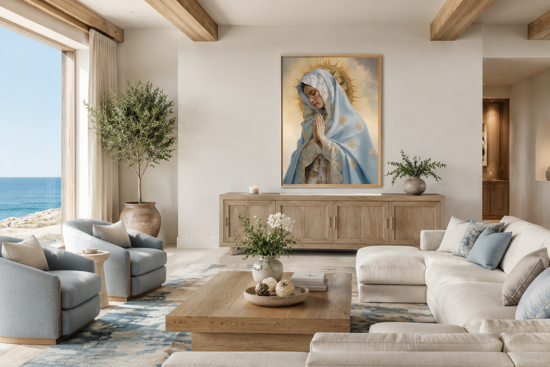Our Lady of Guadalupe framed canvas wall art in a serene, modern living room above a wooden console.