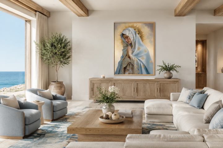 Our Lady of Guadalupe framed canvas wall art in a serene, modern living room above a wooden console.
